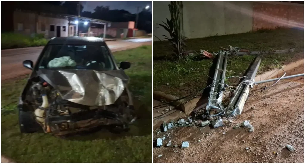 Carro derruba poste e atinge muro de residência na zona Leste de Porto Velho